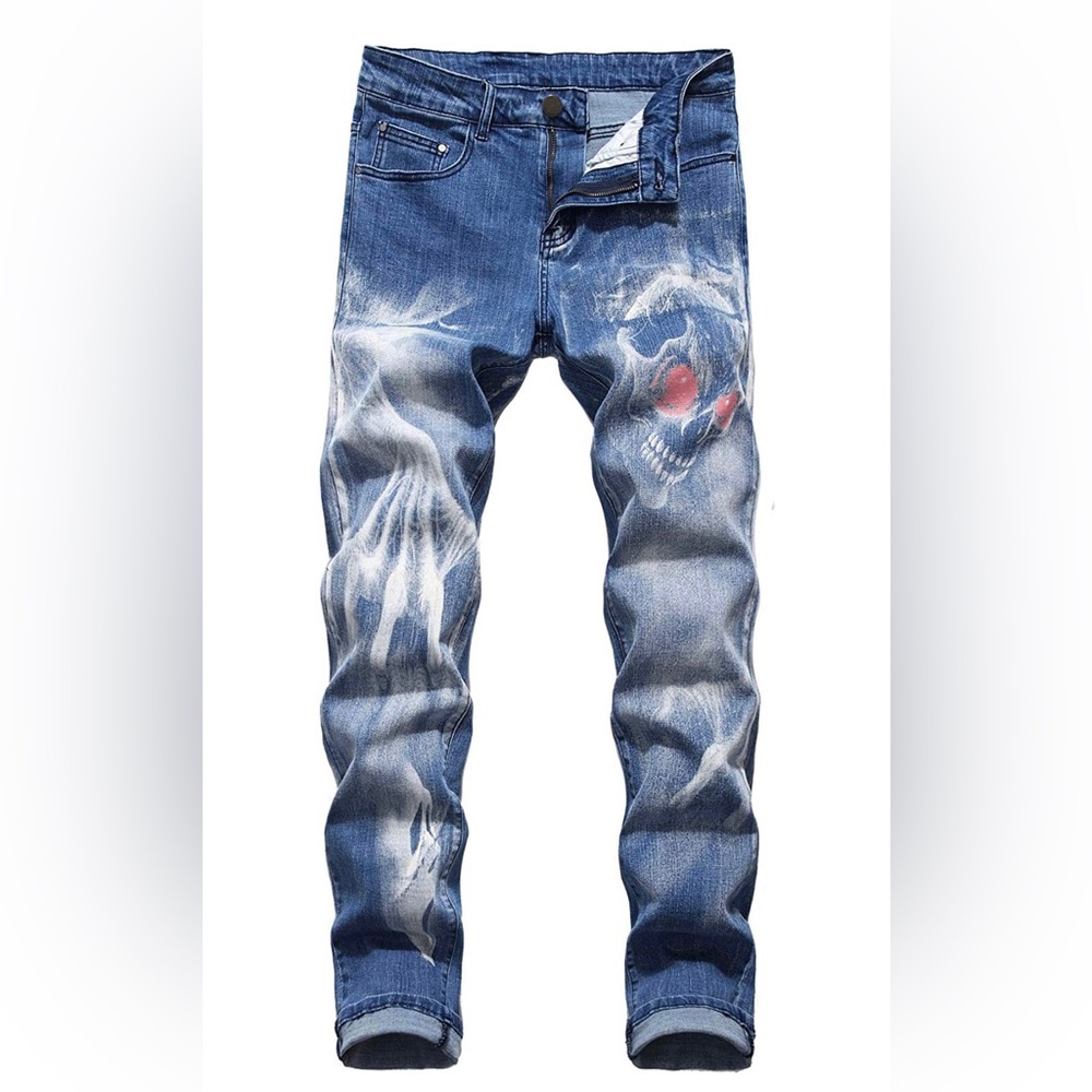 Men scary print Slim denim jeans Size 35 GB18401-2010Classic B